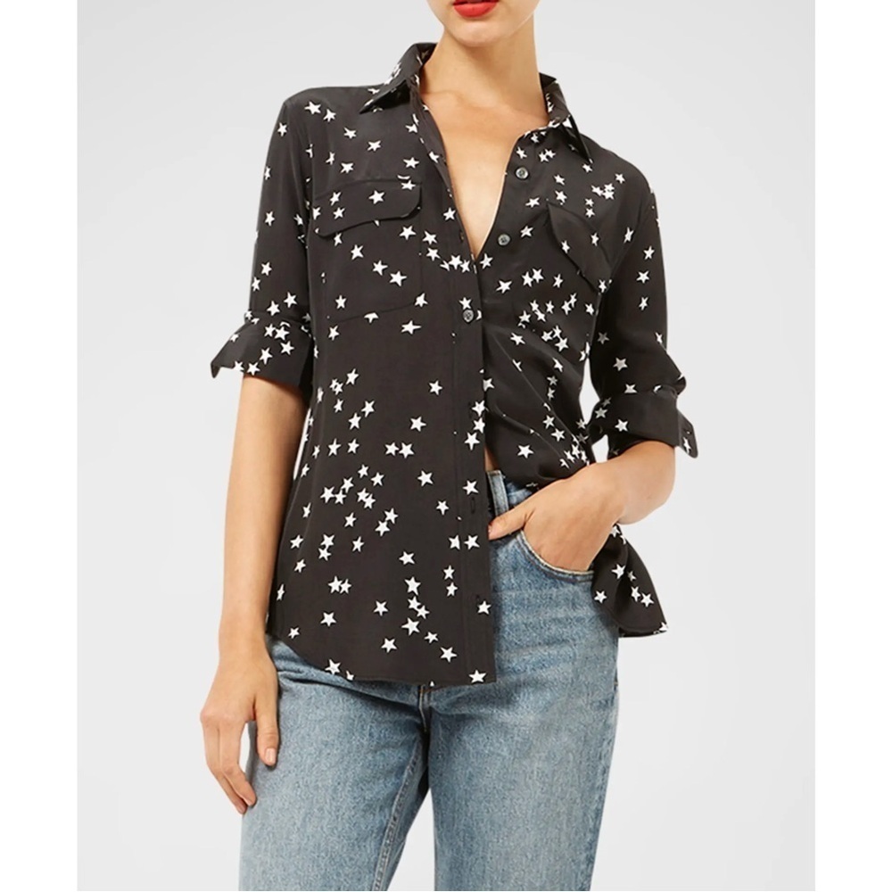 Equipment Slim Signature Silk Shirt Long Sleeve Black Star Print XS